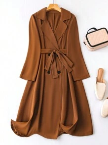 SHEIN CURVE+ 大尺碼女士雙排扣束腰外套 - 棕色 - 查看 1