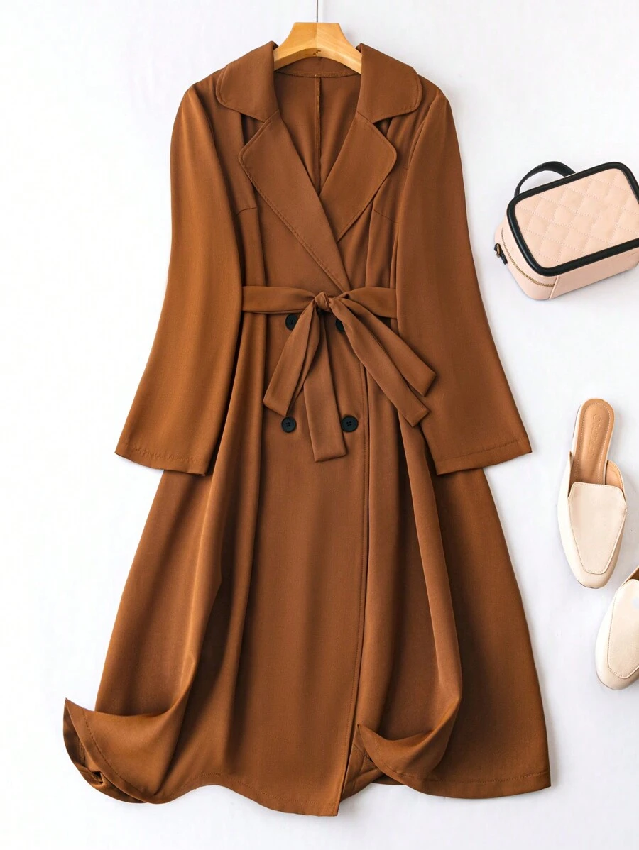 SHEIN CURVE+ 大尺碼女士雙排扣束腰外套 - 棕色 - 查看 1
