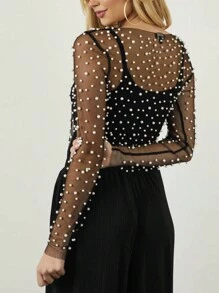 Apperloth A 优雅珍珠串珠网纱透视罩衫，无袖吊带背心，性感音乐节必备