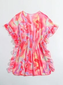 適合青少女的流體印花荷葉邊裙 - 紅色 - 查看 2