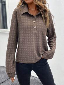 SHEIN Clasi 女士半扣寬鬆t恤,掉肩設計 - 咖啡棕 - 查看 6