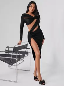 Taranthola Designer Solid Asymmetrical Neck Cut Out Asymmetrical Hem Dress, Elegant Dress, For Holiday, Party, Birthday Outfits, Festival, Wedding Prom Dress - Black - View 5