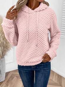 SHEIN LUNE Women's Drawstring Plush Hoodie,Long Sleeve Tops In Fall/Winter - Pink - View 4