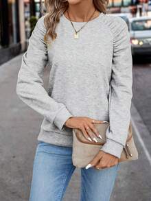 SHEIN LUNE Của phụ nữ Xếp li Tay Raglan Áo nỉ - Màu Xám nhạt - Xem 3