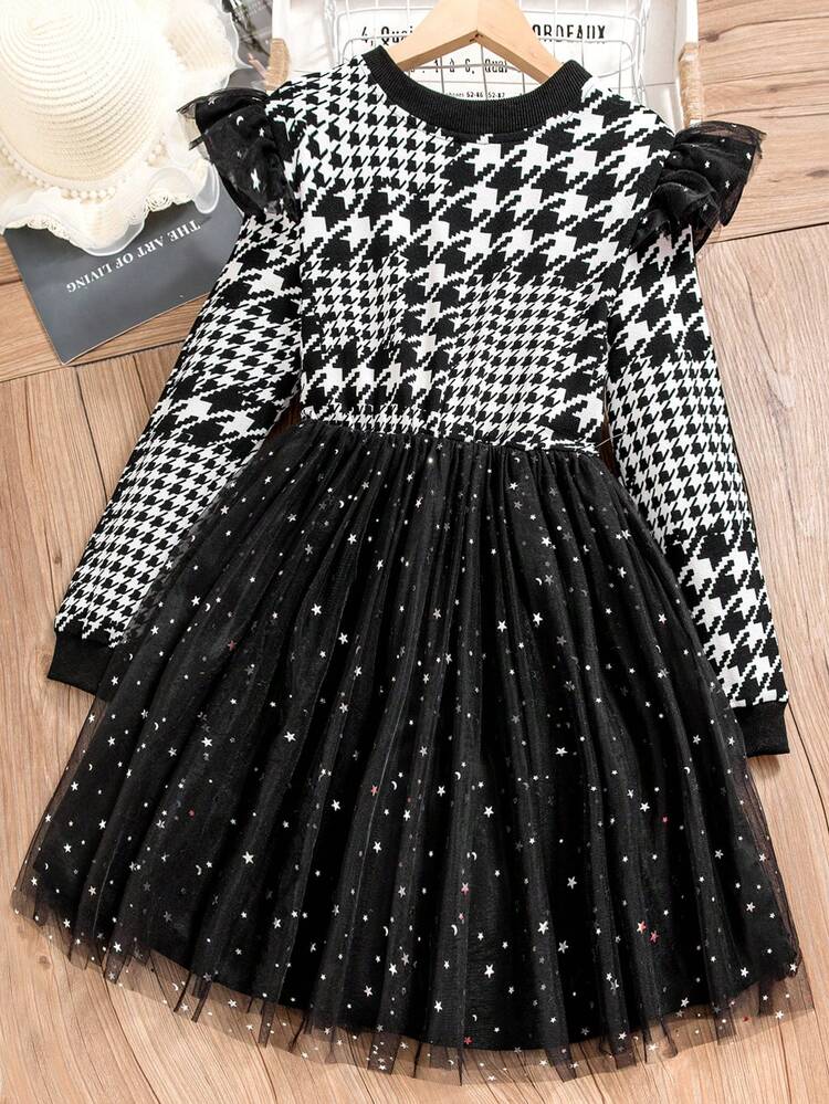 Girls' Plaid & Star Print Sequin Tulle Patchwork Dress For Big Kids
