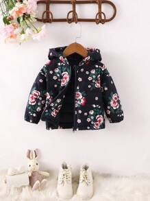 Baby Girl Floral Print Teddy Lined Hooded Coat - Black - View 1