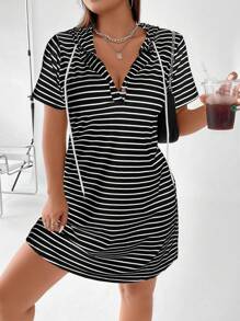 Flirla 女裝加大碼條紋時尚連帽束腰長袖連衣裙 - 黑色 - 查看 3