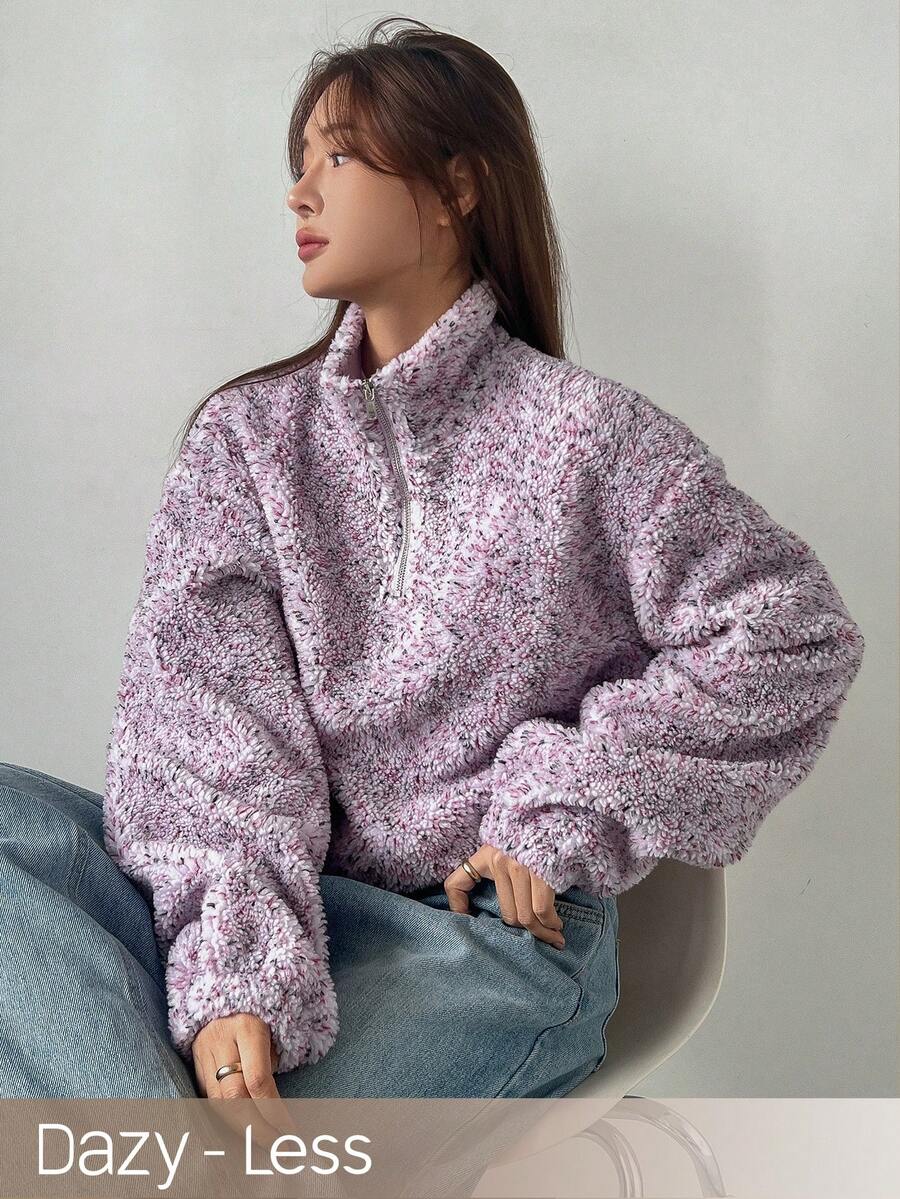 DAZY 女士teddy毛絨半拉鍊衛衣 - 紫色 - 查看 1