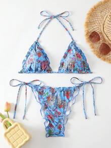 SHEIN Swim Vcay 女士花卉印花吊带比基尼套装夏季海滩 - 彩色 - 查看 6