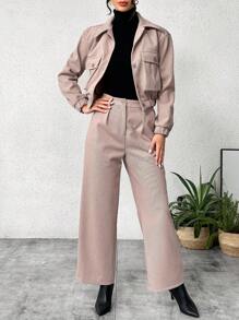 SHEIN Essnce Quý cô Màu thuần Cổ áo sơ mi Với Lớn Túi Áo Và Len áo Bộ , 2 Miếng - Màu Khaki - Xem 6