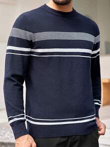 GENTILAND Men's Long Sleeve Round Neck Striped Sweater Pullover - Blue - View 4