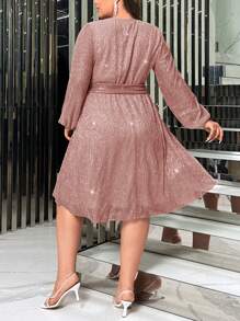 SHEIN Privé Vestido De Talla Grande Con Cuello En V, Manga De Linterna Y Cinturón - Rosa vieja - Ver 2