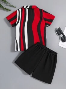 SHEIN 男童拼接色短袖襯衫和短褲套裝 - 紅色 - 查看 2