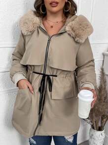 Flirla Plus Size Hooded Padded Padded Coat Clothes Winter With Nipped Waist And Raw Edge Details Fall Cloth For Women Autumn - Khaki - View 3