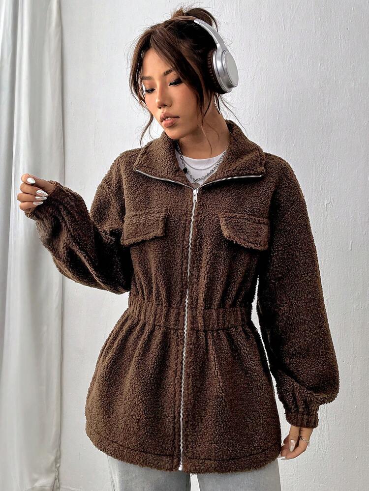 Drop Shoulder Flap Detail Teddy Coat Fall Cloth For Women