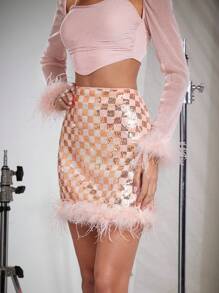 Hauture 格子閃片毛茸邊裝飾裙