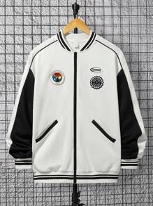 SHEIN Chico adolescente Cazadora tipo bomber con parche de letra ribete de rayas de hombros caídos - Multicolor - Ver 6