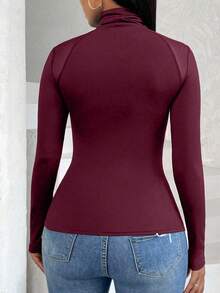 SHEIN Slayr Cổ cao Lưới Nối Tay Raglan Áo thun - Màu Đỏ Sâu - Xem 2