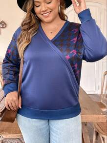 EMERY ROSE 大碼千鳥格印花落肩袖運動衫 - 寶藍色 - 查看 5