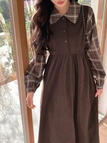 Dazy Star Women's Plaid Patchwork 2 In 1 Dress Shirt Dress,Fall Clothes Long Sleeve Dress