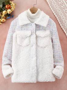SHEIN Girls' (big) Plaid Jacket With Plush Patchwork Details - Beige - View 5