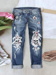 Plus Size Women Skull Print Distressed Denim Jeans - Blue - View 1