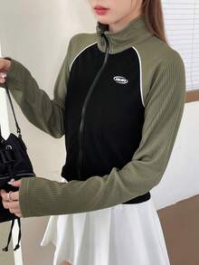 Dazy Star Áo khoác ngắn thời trang nữ có dây kéo và tay áo Raglan - màu đen - Xem 5