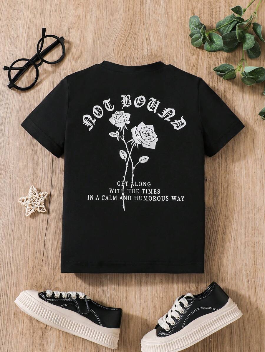SHEIN Young Boy Rose Pattern T-Shirt - Black - View 1
