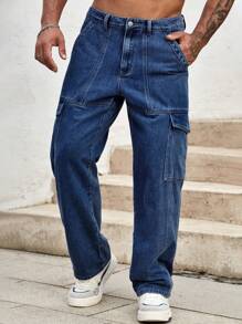 Manfinity LEGND Men's Loose Straight Leg Jeans With Multiple Pockets - Medium Wash - View 4