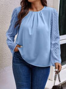 SHEIN Unity Women's Plus Size Shirt With Herringbone Jacquard, Round Neckline, Pleats Detail And Simple Design Fall Cloth For Women