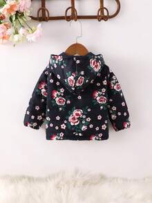Baby Girl Floral Print Teddy Lined Hooded Coat - Black - View 2