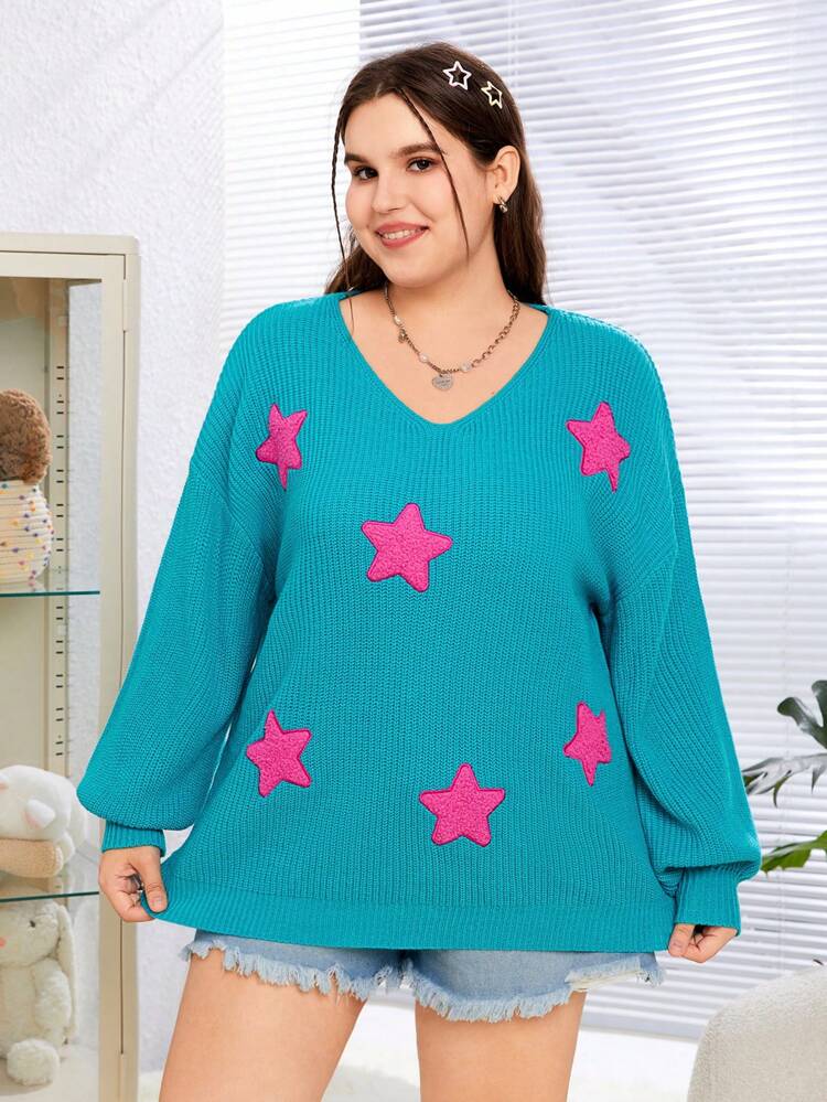Plus Size Women's V-neck Star Embroidery Drop-shoulder Sweater
