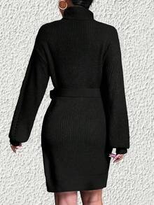 SHEIN Privé 女士高領燈籠袖毛衣裙 - 黑色 - 查看 2