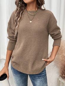SHEIN LUNE Women's Round Hem Texture Loose Sweater - Mocha Brown - View 3