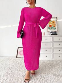 SHEIN Unity 加大码纯色连衣裙，喇叭袖和腰带，超长款女装 - 玫紅色 - 查看 2