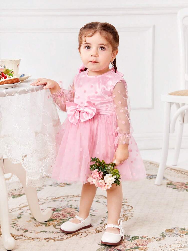 Baby Girls' Elegant Pink Butterfly & Polka Dot Mesh Long Sleeve Dress