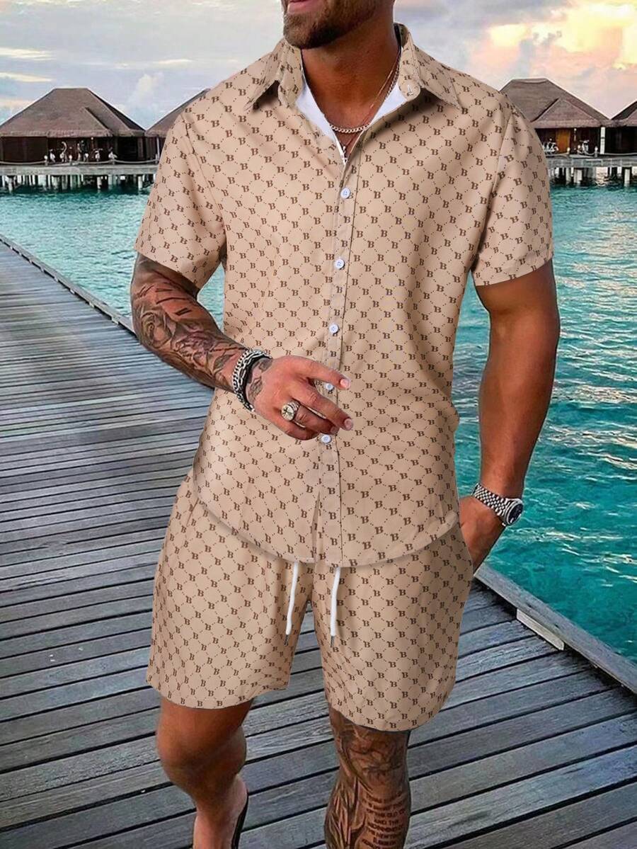 Manfinity RSRT Men's All-over Button-down Short-sleeved Shirt And Shorts Two-piece Set - Khaki - View 1