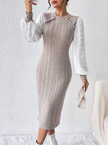 SHEIN Clasi 拼接緊身連身裙 - 杏色 - 查看 1