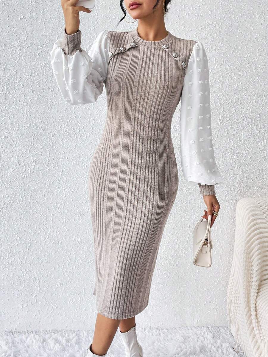 SHEIN Clasi 拼接緊身連身裙 - 杏色 - 查看 1