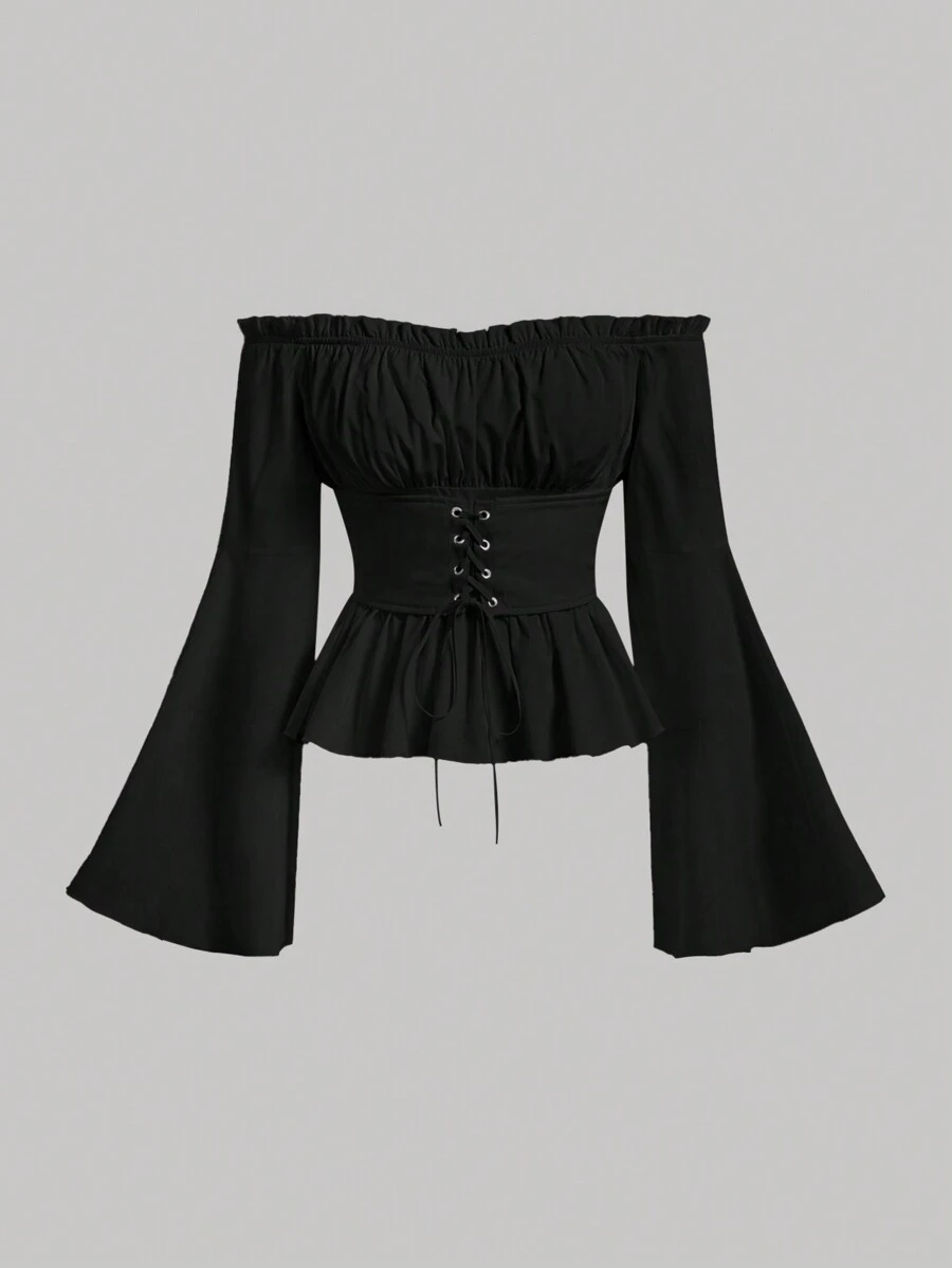 SHEIN MOD Ladies' Solid Color Ruffle Detail Off Shoulder Bell Sleeve Tie Front Blouse - Black - View 1