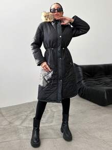 EURMUSE Women'S Long Quilted Padded Jacket With Fur Collar - Black - View 3