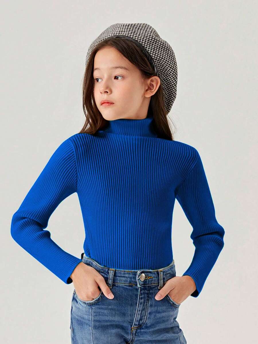SHEIN Tween Girls Solid Color High Neck Sweater - Royal Blue - View 1