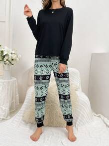 SHEIN Solid Color Long Sleeve T-Shirt And Geometric Pattern Long Pants Homewear Pajama Set, Fall Winter Clothes - Black - View 5