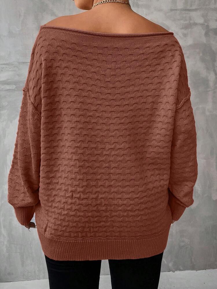 Plus Size Solid Color Boat Neck Drop Shoulder Sweater Knit Pullover Fall Winter Sweater