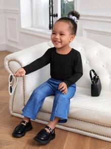 SHEIN 女婴休闲针织长袖上衣搭配牛仔效果喇叭裤套装 - 藍色 - 查看 3