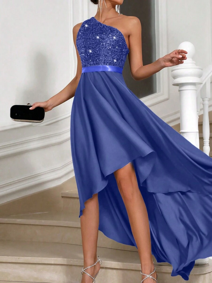 SHEIN Belle Long lanh Vai xiên Của phụ nữ Viền không đối xứng Đầm - Xanh đậm - Xem 1