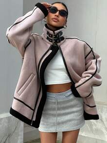 DAZY Của phụ nữ Vá lại Sọc Vòng cổ Thả vai Áo khoác - Bụi tím - Xem 2