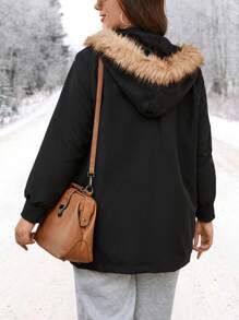 SHEIN LUNE 加大拉链毛绒装饰连帽派克大衣棉服外套冬季 - 黑色 - 查看 2