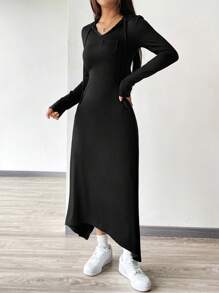 SHEIN EZwear 黑色v領帽裝時尚女裝連衣裙 - 黑色 - 查看 4