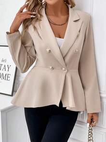 SHEIN Clasi 女雙排扣荷葉邊下擺西裝外套 - 杏色 - 查看 6